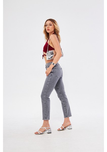 Kadin Mom Jean Yüksek Bel Açık Antrasit Denim Pantolon modelleri