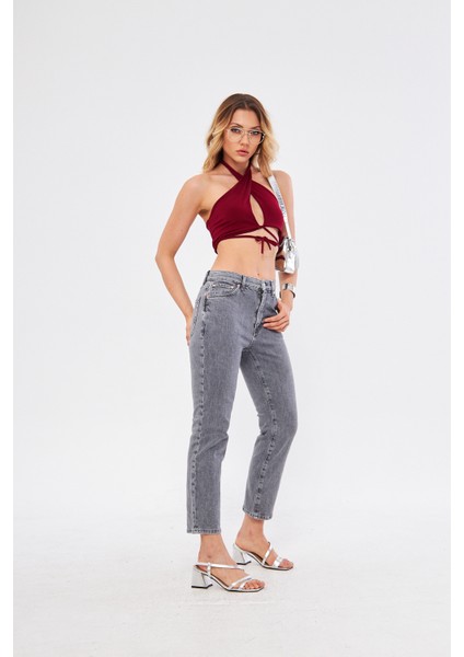 Kadin Mom Jean Yüksek Bel Açık Antrasit Denim Pantolon fırsatları