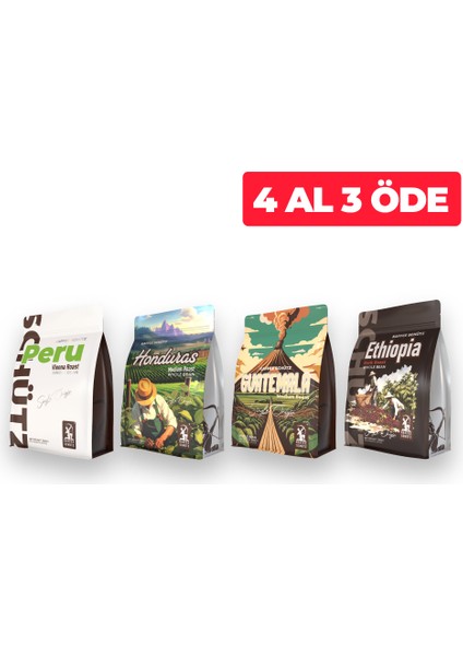 Dünya Kahveleri Deneme Paketi Premium Çekirdek Kahve 4x250 gr (Peru, Honduras, Guatemala, Ethiopia)