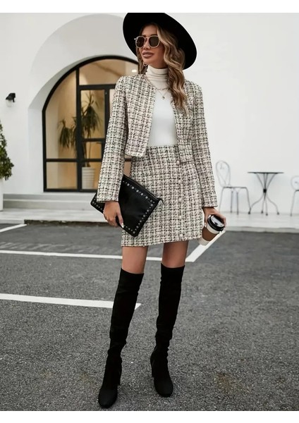 Kadın Yakalı Düğmeli Uzun Kollu Ceket ve Etek Dokuma Krep Ikili Takım fiyatları