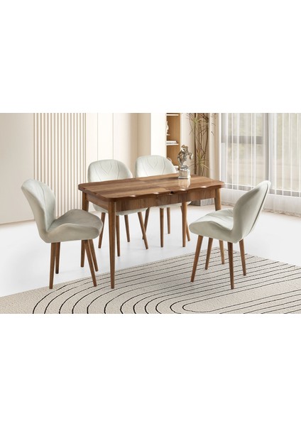 Ahşap Salon Yemek Masa Sandalye Takımı 4 Sandalyeli Ortadan Açılır Büyüyen Parlak Ceviz 90 x 160 cm