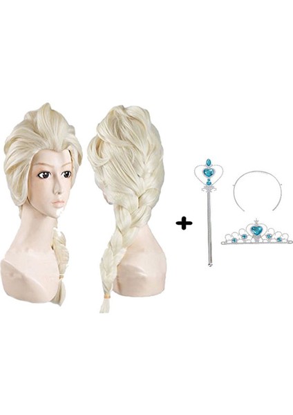 Örgülü Karlar Ülkesi Frozen Elsa Peruğu Tacı ve Sopası Çocuk Boy