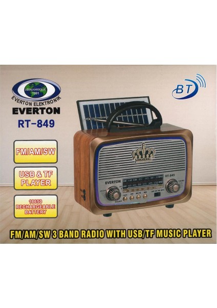 RT-849 Bluetooth Fm-Usb-Tf-Aux Şarjlı Nostaljik Radyo Güneş Panelli