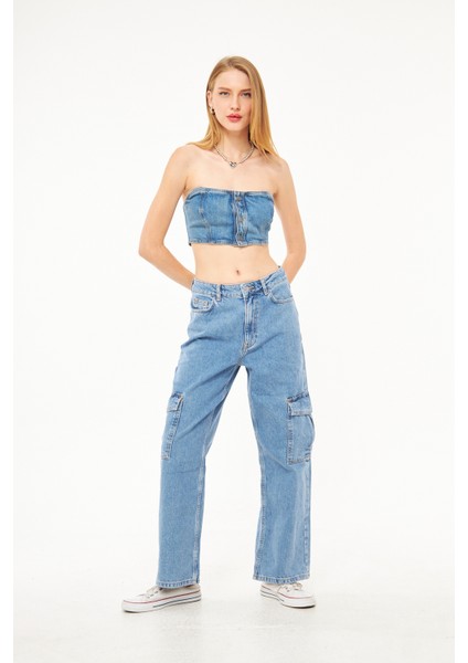 Bol Kesim Kadın Denim Kargo Pantolon
