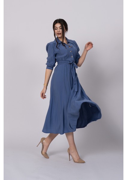 Trend Model, Gömlek Yaka, Fakir Kol, Beli Gipeli Lastik ve Kuşak Detaylı Uzun Elbise 50307