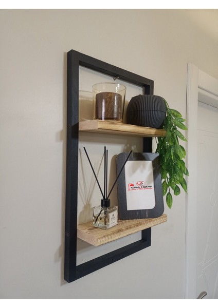 Lüx Dekoratif Siyah Ahşap Çerçeveli Iki Katlı Duvar Rafı Çiçeklik Duvar Süsü Ev Antre Balkon Rafı