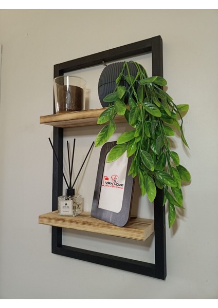 Lüx Dekoratif Siyah Ahşap Çerçeveli Iki Katlı Duvar Rafı Çiçeklik Duvar Süsü Ev Antre Balkon Rafı modelleri