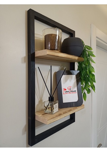Lüx Dekoratif Siyah Ahşap Çerçeveli Iki Katlı Duvar Rafı Çiçeklik Duvar Süsü Ev Antre Balkon Rafı fırsatları