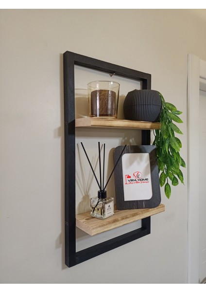 Lüx Dekoratif Siyah Ahşap Çerçeveli Iki Katlı Duvar Rafı Çiçeklik Duvar Süsü Ev Antre Balkon Rafı indirimleri