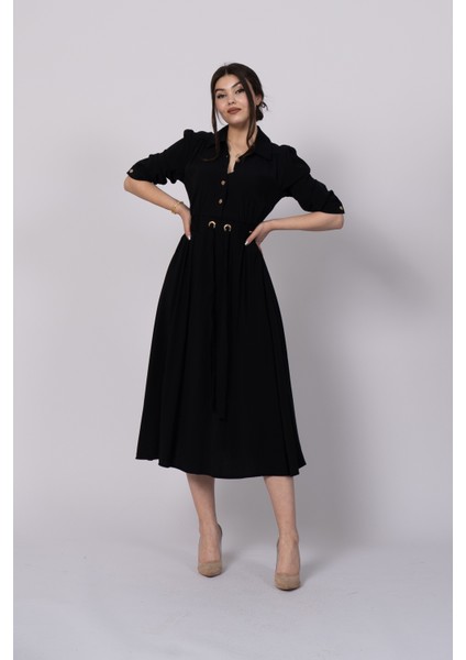 Trend Model, Gömlek Yaka, Fakir Kol, Beli Gipeli Lastik ve Kuşak Detaylı Uzun Elbise 50307