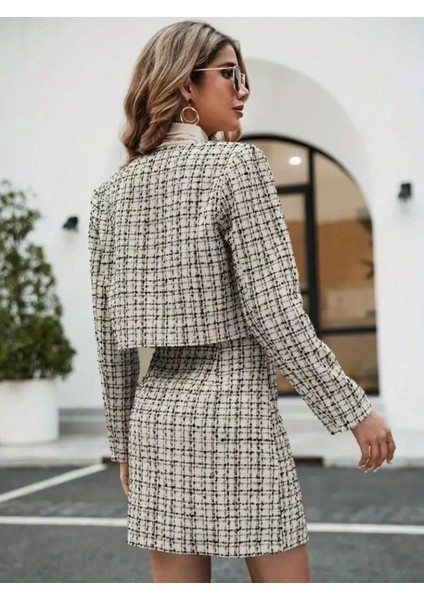 Kadın Yakalı Düğmeli Uzun Kollu Ceket ve Etek Dokuma Krep Ikili Takım indirimleri