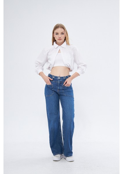 Bol Kesim Cep Detaylı Kadın Denim Pantolon