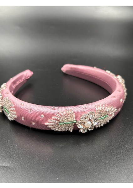 Tasarım El Yapımı El Işlemeli Saten Pembe Gümüş Nakış Işleme Abiye Kına Nişan Kadın Saç Tacı