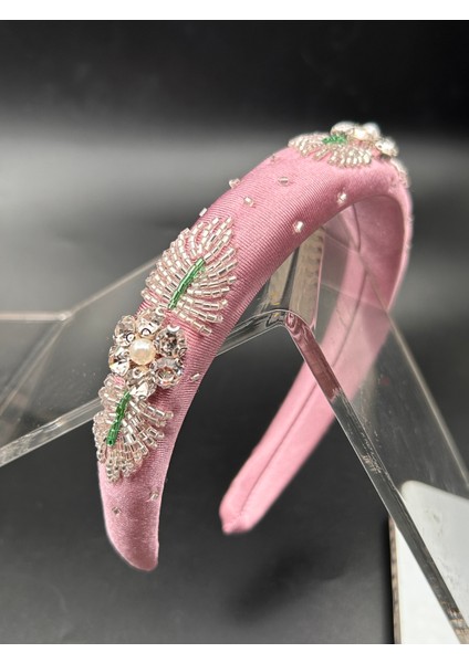 Tasarım El Yapımı El Işlemeli Saten Pembe Gümüş Nakış Işleme Abiye Kına Nişan Kadın Saç Tacı modelleri