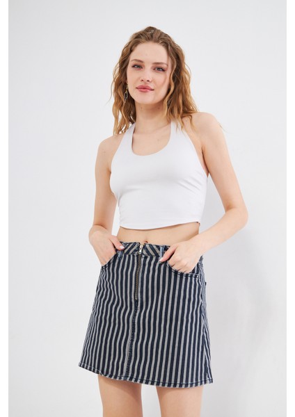 Çizgili Mini Kot Etek