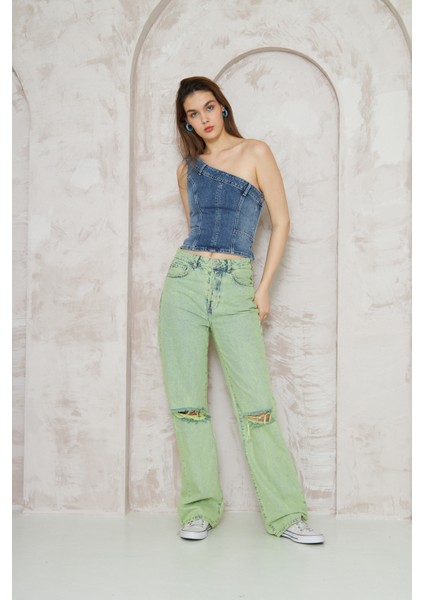 Palazzo Dizler Lazerli Denim Pantolon