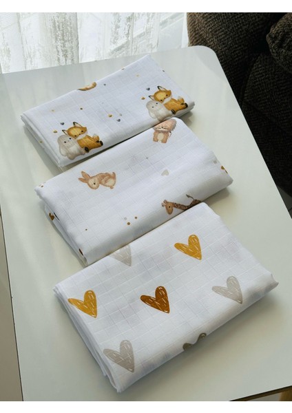 Pamuk Müslin Bebek Battaniyesi 3'Lü Set Müslın Örtü 80 x 90 Cm