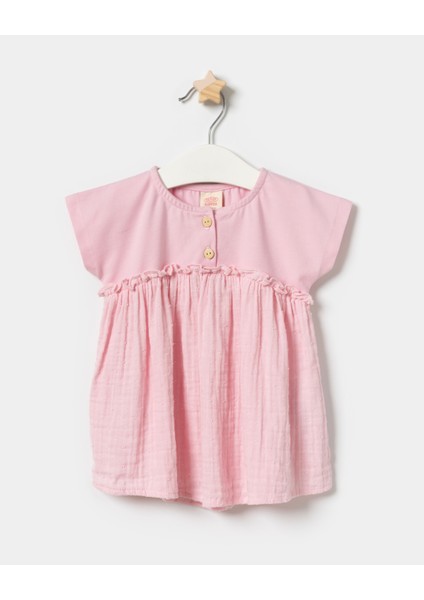 Düğmeli Kız Bebek Müslin Yazlık Elbise