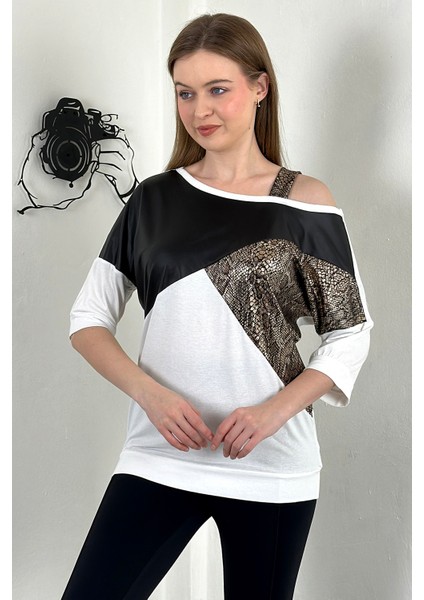 Omzu Askılı Parça Detaylı Rahat Kumaş T-Shirt