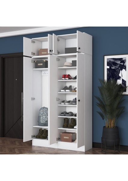 EA146 Modern Portmanto 8 Kapaklı Raflı Askılı Ayakkabılık Vestiyer Beyaz