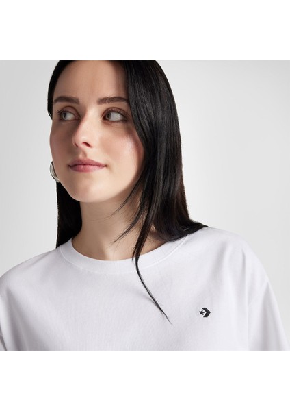 Sporty Boxy Kadın Beyaz Yuvarlak Yaka Tişört modelleri