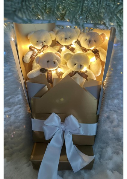 Sevgiliye Özel Peri LED Işıklı Dore-Gümüş Konsept Romantik Peluş Ayıcık Buketi
