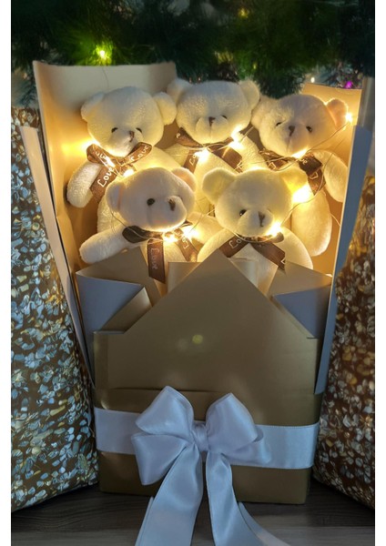 Sevgiliye Özel Peri LED Işıklı Dore-Gümüş Konsept Romantik Peluş Ayıcık Buketi fiyatları