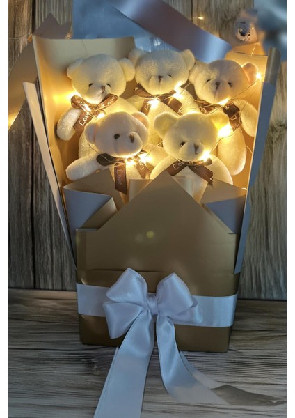 Sevgiliye Özel Peri LED Işıklı Dore-Gümüş Konsept Romantik Peluş Ayıcık Buketi modelleri