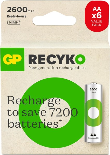 Batteries Recyko 2600MAH Aa Kalem Ni-Mh Şarjlı Pil, 1.2 Volt, 6'lı Kart
