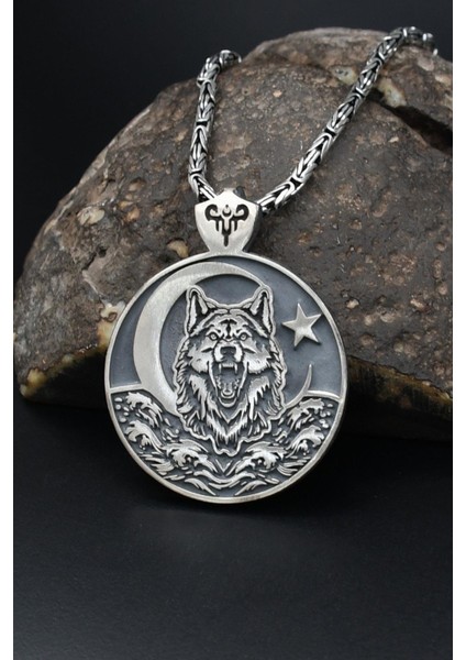 Bozkurt (Kurt) ve Ay Yıldızlı (Ayyıldızlı) 925 Ayar Gümüş Kolye Kral Zincir 2mm 901576