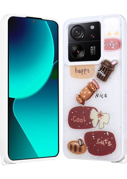 Xiaomi Mi 13T Kılıf Parlayan Sıvılı Simli Kabartma Figürlü Zore Cevze KAPAK-BEYAZ-8680436757598-OTNV