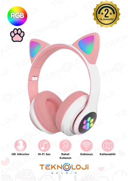 Pembe Bluetooth 5.0 Mikrofonlu Kablosuz Kulaklık Yüksek Ses Akıllı LED Işıklı Kedi Patili