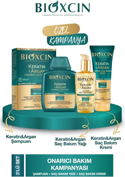Keratin & Argan Onarıcı Şampuan 300ML + Keratin Argan Saç Bakım Yağı + Saç Kremi