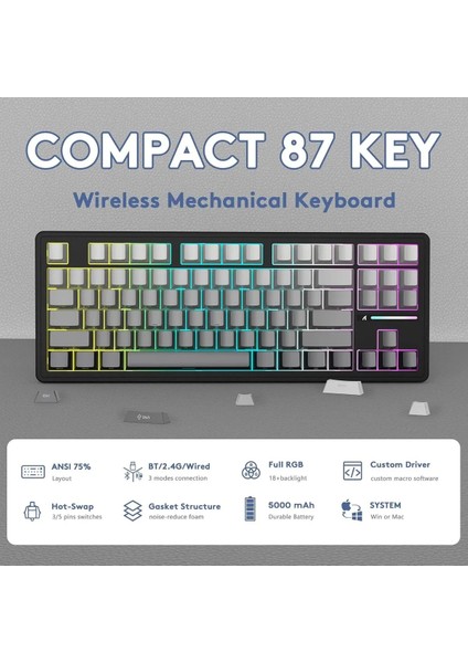 Attack Shark M87 Prov2 White Switch Mekanik Rgb Triplemode E-Sports Profesyonel Gaming Oyuncu Klavye