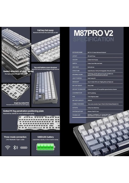 Attack Shark M87 Prov2 White Switch Mekanik Rgb Triplemode E-Sports Profesyonel Gaming Oyuncu Klavye