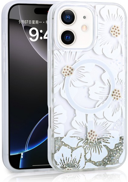 Apple iPhone 12 Uyumlu Kılıf Sıvılı Simli Baskılı Şeffaf Arka Yüzey Zore Mossa Silikon KAPAK-GRI-868043682