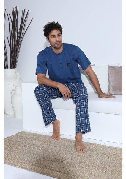 Erkek 70034 Kısa Kol Yaka Düğmeli Pijama Takımı Mavi