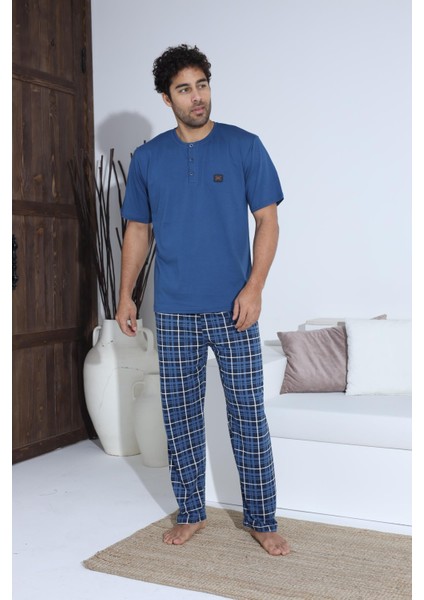 Erkek 70034 Kısa Kol Yaka Düğmeli Pijama Takımı Mavi fiyatları