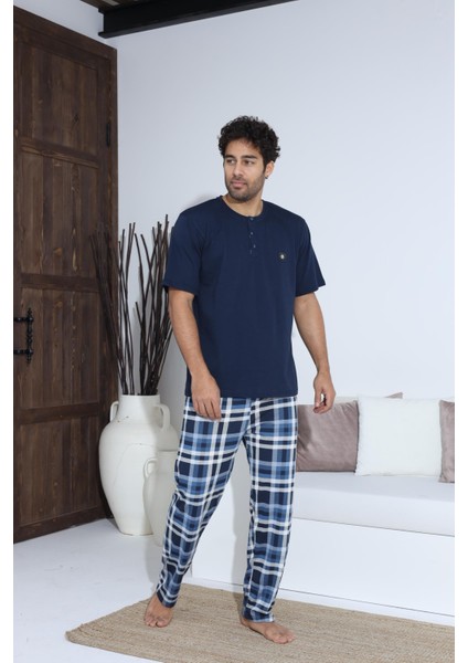 Erkek 70042 Kısa Kol Yaka Düğmeli Pijama Takımı Lacivert