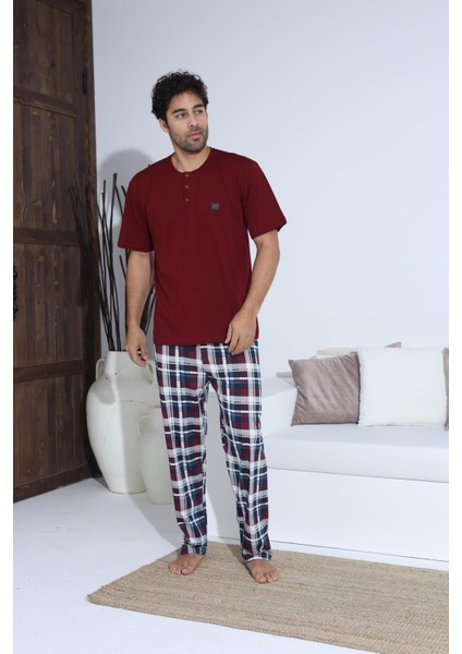 Erkek 70031 Kısa Kol Yaka Düğmeli Pijama Takımı Bordo