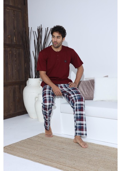 Erkek 70031 Kısa Kol Yaka Düğmeli Pijama Takımı Bordo modelleri