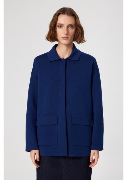 Indigo Gömlek Yaka Cep Detaylı Kadın Ceket