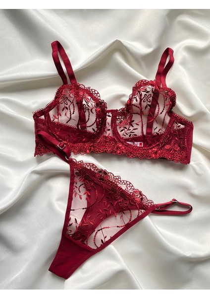 Bordo Dantelli Brode Iç Çamaşır Takımı Bralette (Balenli Sütyen &tanga) Seksii, Fantazii fırsatları