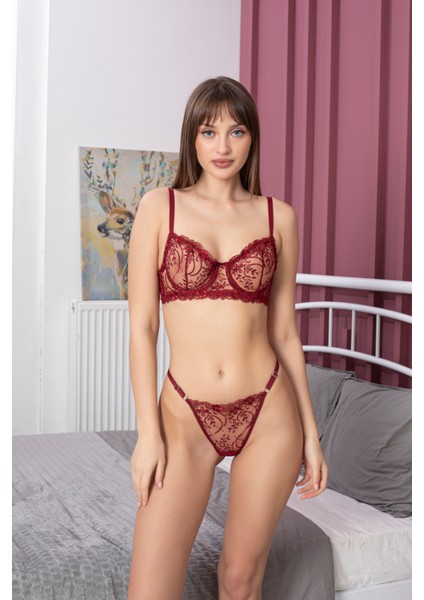 Bordo Dantelli Brode Iç Çamaşır Takımı Bralette (Balenli Sütyen &tanga) Seksii, Fantazii