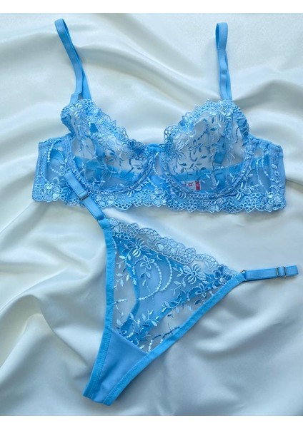 Açık Bebe Mavi Dantelli Brode Iç Çamaşır Takımı Bralette (Balenli Sütyen &tanga) fırsatları