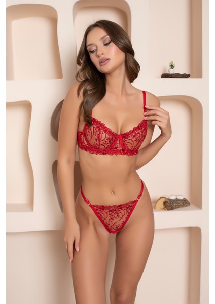 Kırmızı Dantelli Brode Iç Çamaşır Takımı Bralette (Balenli Sütyen &tanga)