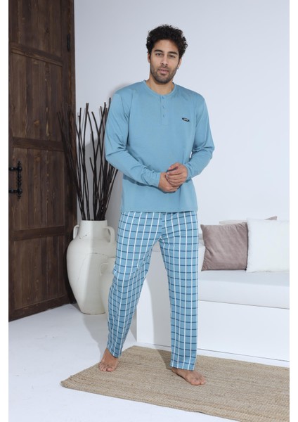 Erkek Yaka Düğmeli Uzun Kol Pijama Takımı Mavi