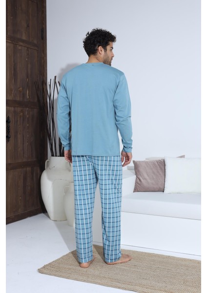 Erkek Yaka Düğmeli Uzun Kol Pijama Takımı Mavi
