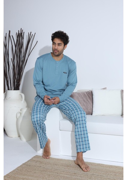 Erkek Yaka Düğmeli Uzun Kol Pijama Takımı Mavi