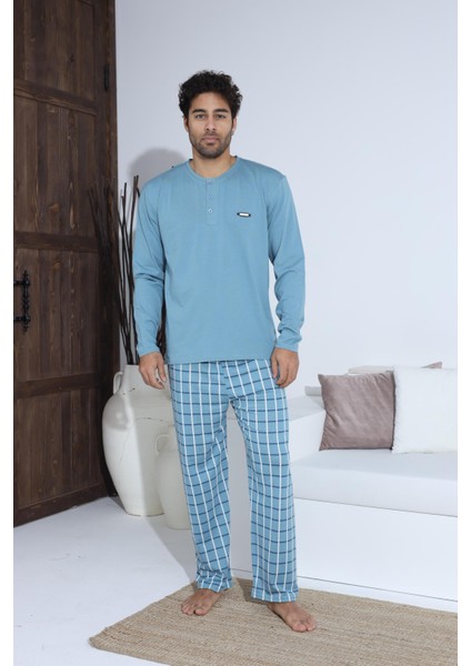 Erkek Yaka Düğmeli Uzun Kol Pijama Takımı Mavi
